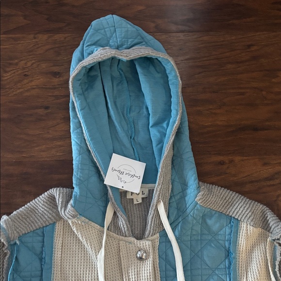POL Quilted/Waffle Knit Hooded Shaket- Blue and Cream - Picture 5 of 8